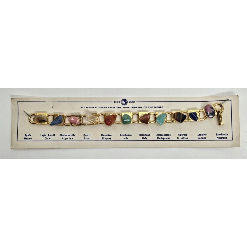 Vtg 70s Geo Gems Polished Gemstone Nugget Link Bracelet Gold Tone 6.5"